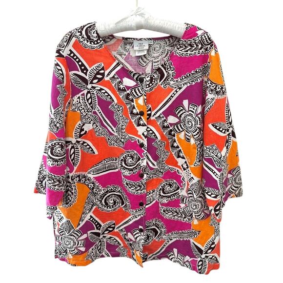 HOT COTTON | Plus Size Linen Blend Abstract Print Button Down Shirt | Size 1X - Picture 1 of 7